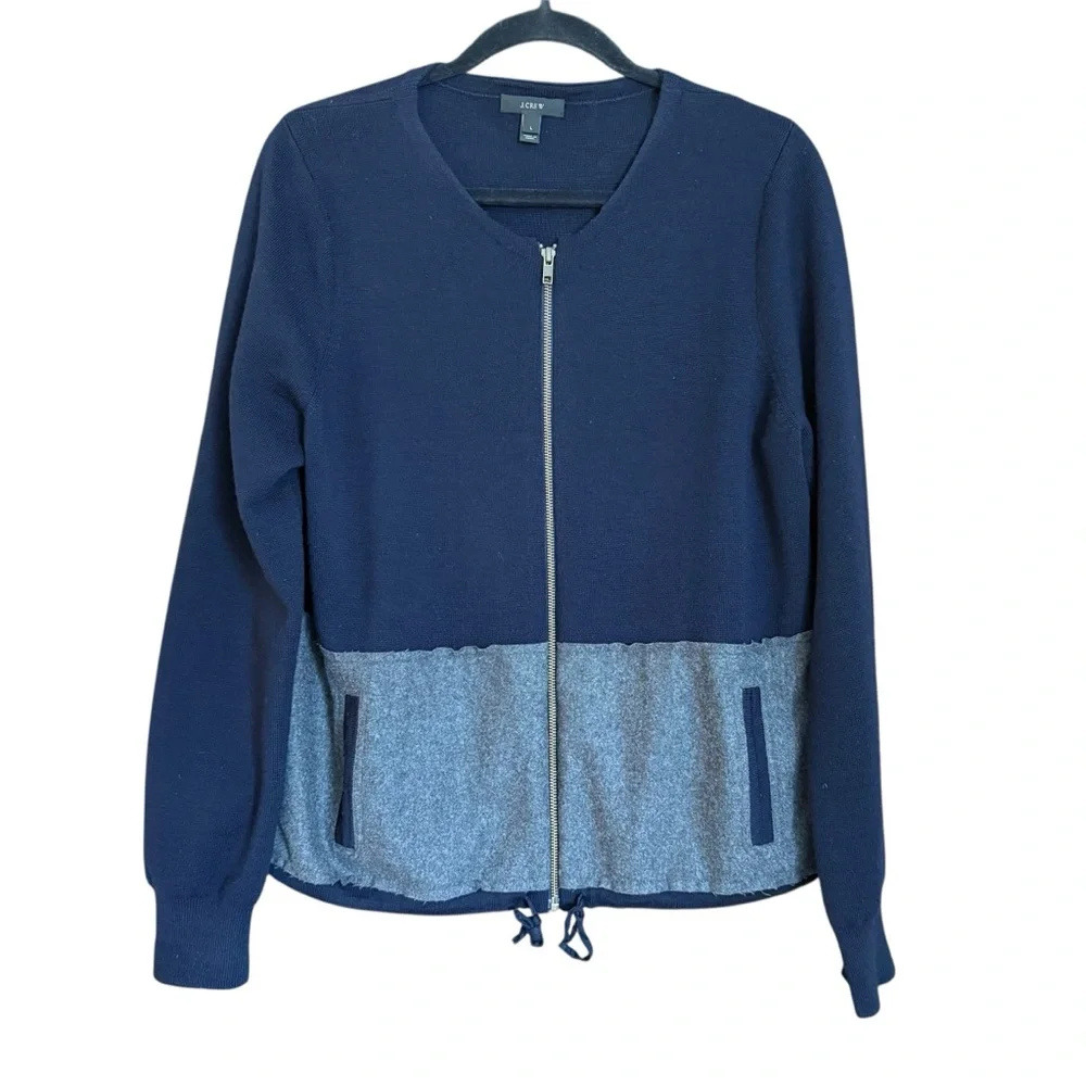 J.Crew Navy Gray Merino Wool Zip Front Colorblock Sweater Jacket Size L